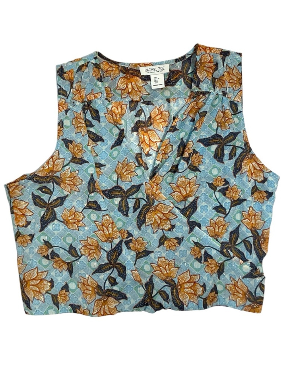 Rachel Zoe Cropped Top Faux Wrap Sleeveless V neck Mustard Blue Large - Picture 8 of 16